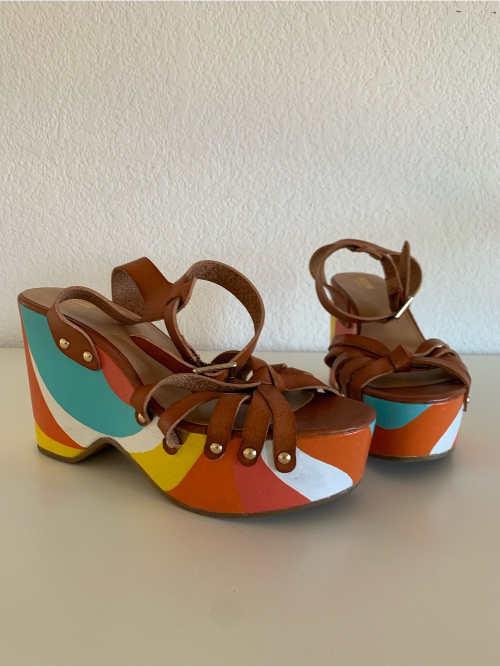 Mossimo Supply Co. Brown Leather Wedge Sandals with Colorful Painted Waves - Picture 2 of 7